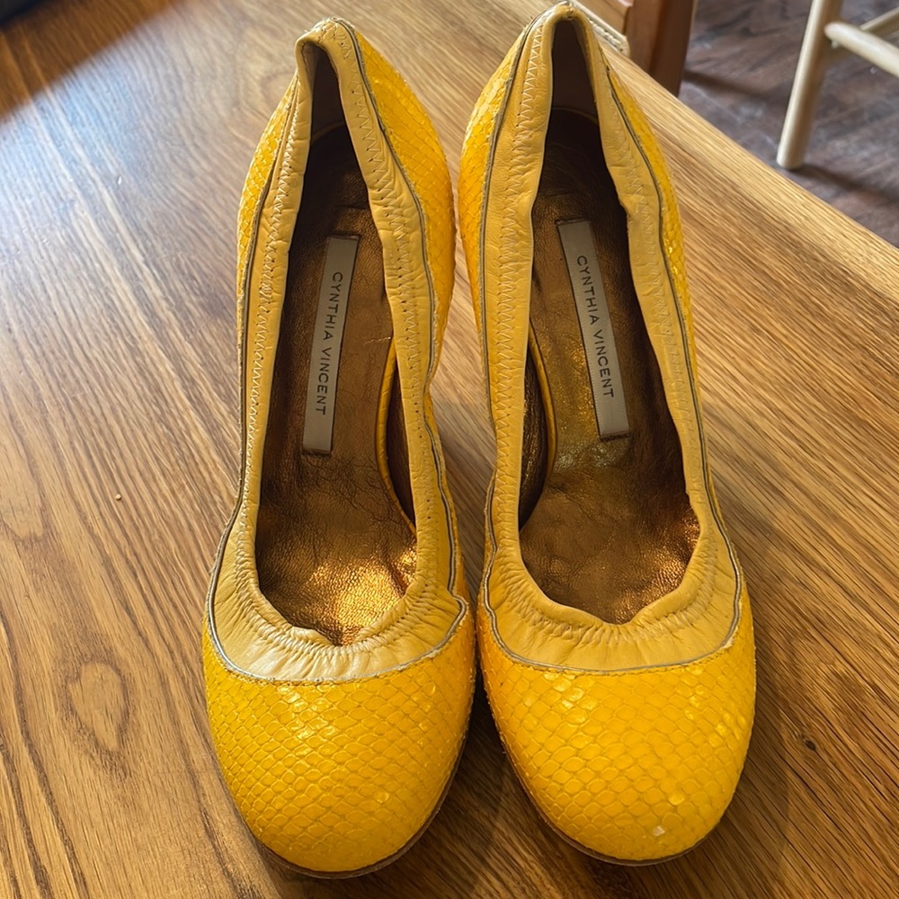 Cynthia Vincent Yellow Snakeskin Heels